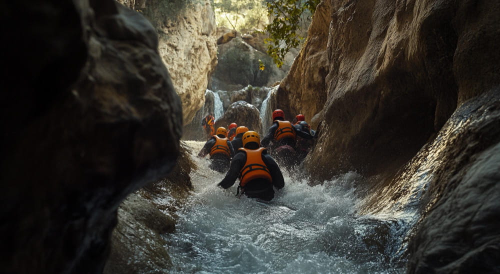 A guided canyoning group in wetsuits and helmets wading through whitewater in a gorge