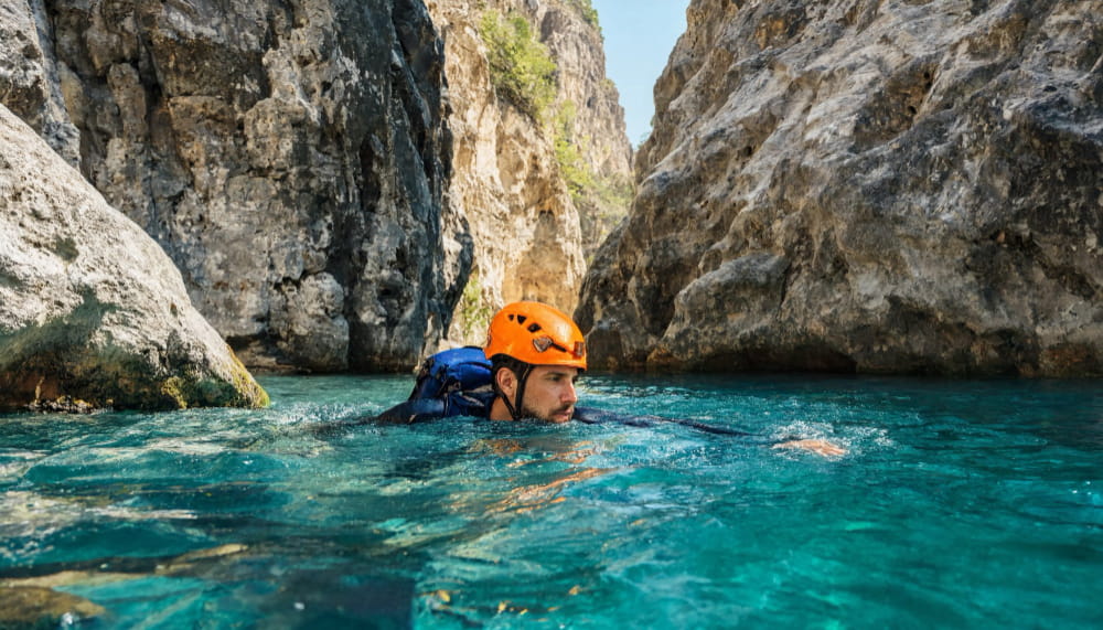 A canyoner in a helmet swimming through a deep turquoise pool between canyon walls